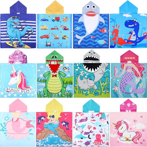 Image of Preboun 12 Pcs Kids Hooded Bath Towel Kids Beach Towels for Boys Girls 47''x24'' Large Toddler Towel Microfiber Poncho for 3 To10 Hooded Bathrobe Easter Stuffers(Bright Color, Stylish Style)