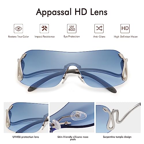 Rimless Y2k Sunglasses for Women Men Trendy Oversized Wrap Around Snake Shades AP3652