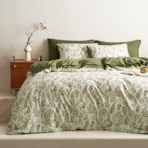 Image of Wake In Cloud - Queen Size Comforter Set, 3-Piece, Floral Shabby Chic Coquette Botanical Flower Ivory Beige Forest Olive Green, Soft Lightweight Bedding for Women Girls