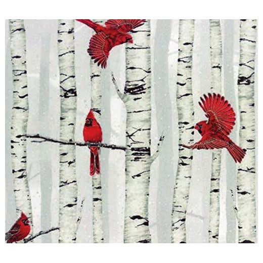 Cotton Woodsy Winter Cardinals Red Birds on Birch Trees Metallic Cotton Fabric Print by The Yard (L7325-483S-FOG-SILVER)
