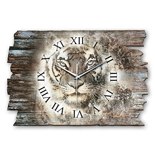 Kreative Feder Tigre Horloge Murale Design au Style Vieilli en Bois *fabriquée en Allemagne*, silencieuse et sans tic-tac WH109L