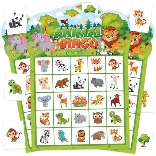 Leezead Jogo de bingo animal para crianças e adultos, 24 jogadores, selva, safári, animal, bingo, cartões de festa de aniversário, cartões de bingo para escola, sala de aula, atividades familiares