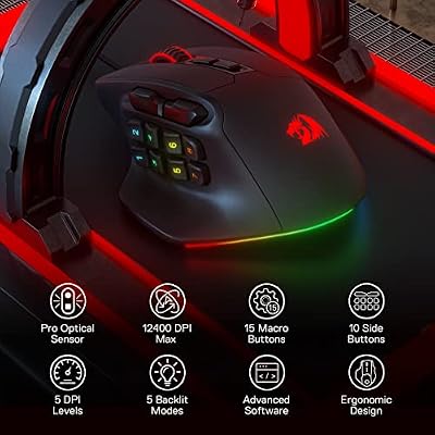 Redragon M811 Aatrox MMO Gaming Mouse, 15 Programmable Buttons Wired RGB Mouse w/Ergonomic Natural Grip Build, 10 Side Macro Keys, Software Supports DIY Keybinds & Backlit