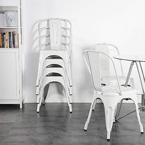 Yaheetech Metal Kitchen Dining Chairs Indoor-Outdoor Distressed Style Stackable Side Coffee Chairs in Distressed White, Set of 4