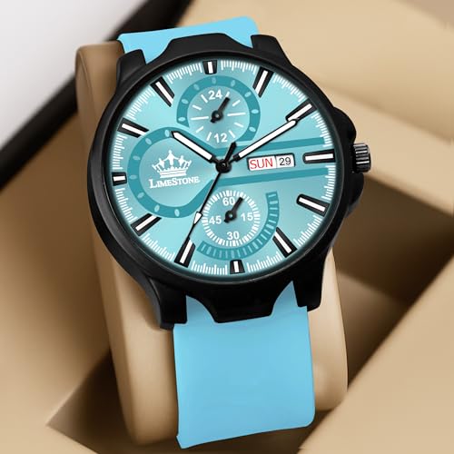 Image of LIMESTONE Men's Analog Quartz Watch with Day & Date Display, Leather /Silicone Strap - Casual & Formal Wrist Watch for Men