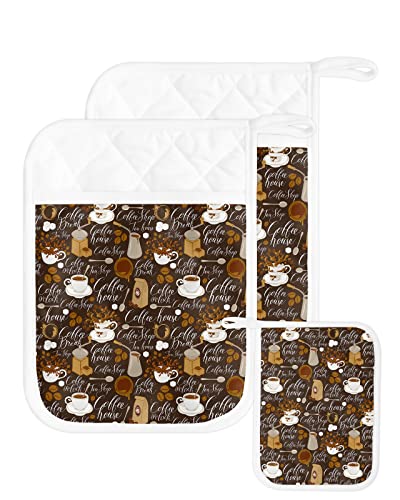 2Pcs Pot Holders With Pocket For Kitchen, Coffee Theme Pot Holder Set Heat Insulation Potholders, Coffee Cup Bean Grinder Vintage Brown Oven Mitts Hot Pads For Baking Cooking Barbecue #TOP7
