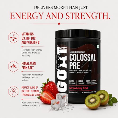 Image of Colossal Pre | PreWorkout Powder (Strawberry Kiwi 360gm 30 Servings) 200mg Caffeine 3.5g Beta-Alanine 3g Citrulline 1.5g Arginine 1g Creatine with Himalayan Pink Salt
