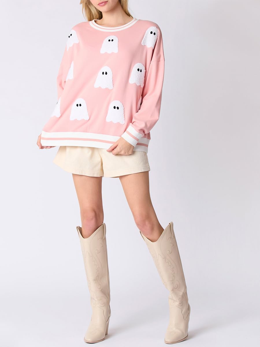 Argeousgor Women Halloween Sweatshirt Sequin Ghost Oversized Long Sleeve Sweater Pumpkin Pullover Tops Shirt - Image 4