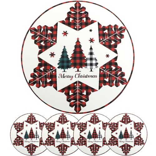 Ginphan Christmas Placemats Set of 4 Round Snowflake Placemats Buffalo Plaid Tree Faux Leather Table Mats Red Soft Place Mats Machine Washable Wipeable Non-Slip for Kitchen Table Decor 14 Inch