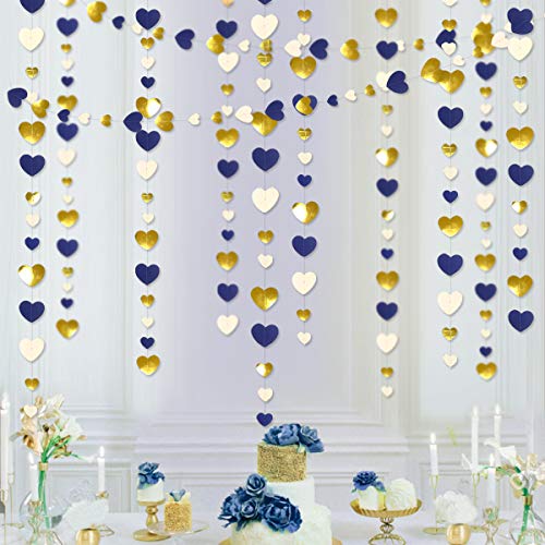 Image of 52Ft Valentines Day Party Decorations Navy Blue Gold Love Heart Garland Royal Blue Gold Hanging Streamer Banner for Anniversary Mothers Day Bachelorette Engagement Wedding Bridal Shower Birthday Party
