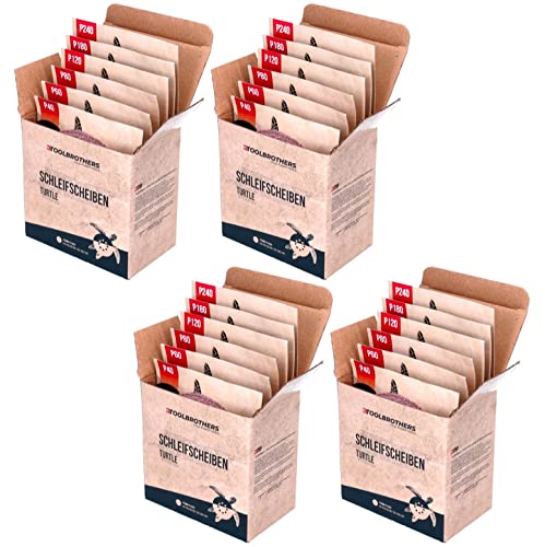Toolbrothers TURTLE Zestaw szlifierski premium 125 mm lub 150 mm, na rzep 8 otworów P40 / P60 / P80 / P120 / P180 / 240 do twardego drewna, miękkiego drewna, lakieru, kamienia, stali, aluminium, forniru (4 x zestaw tarcz szlifierskich 125 mm)