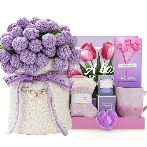 Handmade Knitted Crochet Flower Bouquet Blanket Gifts Basket for Women Birthday Gifts for Women Mothers Day Anniversary Wedding Romantic Unique Gifts for Wife Girlfriend Sister Friends Grandma