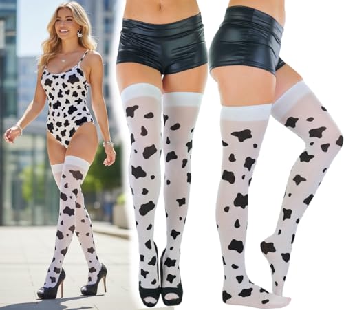 Image of ToBeInStyle Women's Cow Print Thigh High Stocking Bessie The Cow Costume Nylon Bodystocking Cosplay