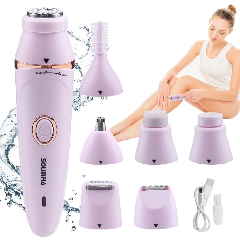 Solimpia HT-518 lady grooming kit 7-in-1 painless body shaver facials, eyebrows, ear-naches trimmer exfoliating heads, body, legs, bikini, underarms, arms, IPX5 waterproof, suitable for pink.