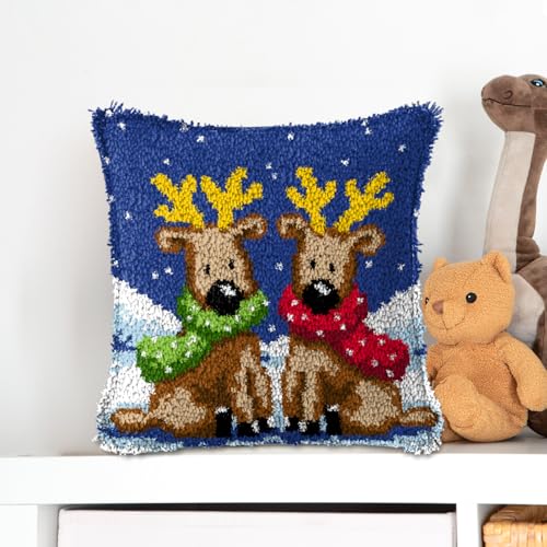 Image of Christmas Deer Latch Hook Pillow Kits for Adults Beginners Pre-Printed | Home Sofa Cushion Cover Preprinted Canvas Crochet Yarn Kits Needlework Crafts Festival Gift for Adults Beginner 17X17 Inch