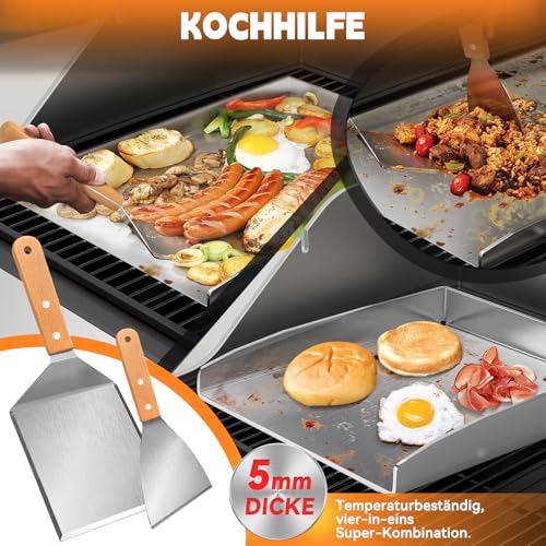 Camxon Universelle Edelstahl Plancha Grillplatte 40.5×31CM mit 5MM verdickt, mit Fettablauf, Spülmaschinenfest inkl. für BBQ Gasgrill & Kohlegrill Geeignet