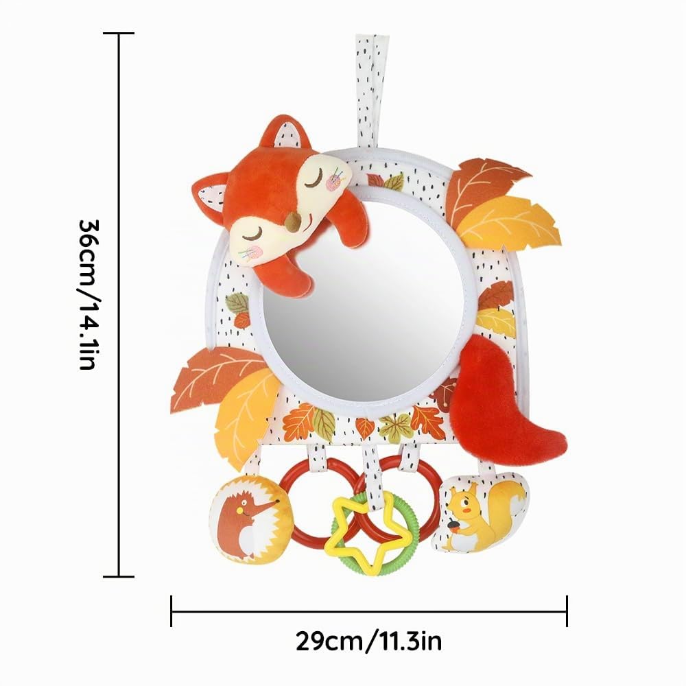 Jouet d'activité pour bébé avec miroir de voiture visible, réglable, pour siège auto, poussette, berceau, couchette et couché sur le ventre, avec hochets (Fox)