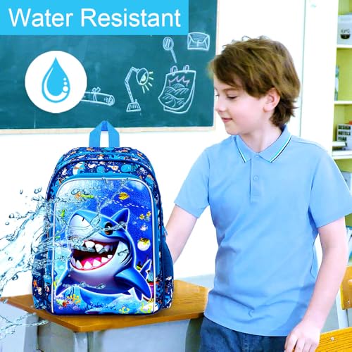 Image of 16 inch Shark Backpack for Boys, 3Pcs Kids Bookbag with Lunch Box, School Backpacks for Elementary Preschool Kindergarten (Blue)