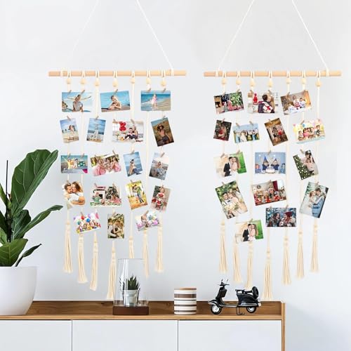 LINTRA Colgar Fotos con Pinzas, 2 Piezas Línea de Fotos con Clips de Madera, Cuerda de Kapok Foto de Pared con Clip, Incluye 60 Clips y 4 Clavos Que No Dejan Marcas, Adecuado para Dormitorio, Oficina