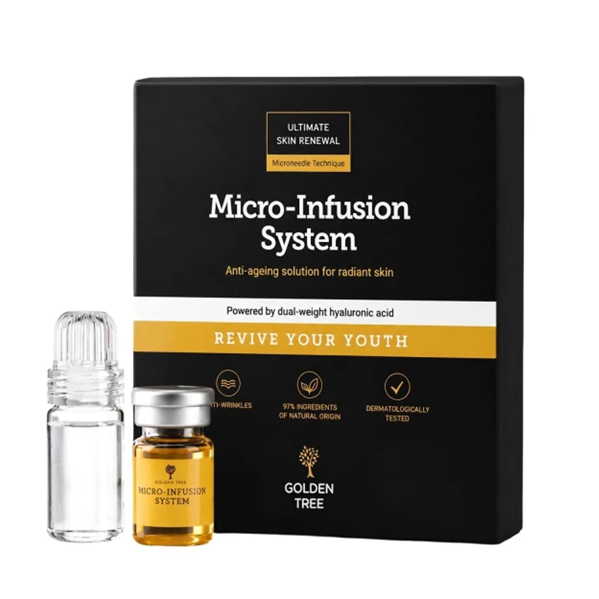 Golden Tree Micro-Infusion System – 3 × 5 ml Serum & Applikator | Microneedling-Set, Serum Gesicht, Hyaluronsäure, Peptide, Grüntee-Extrakt, Aminosäuren