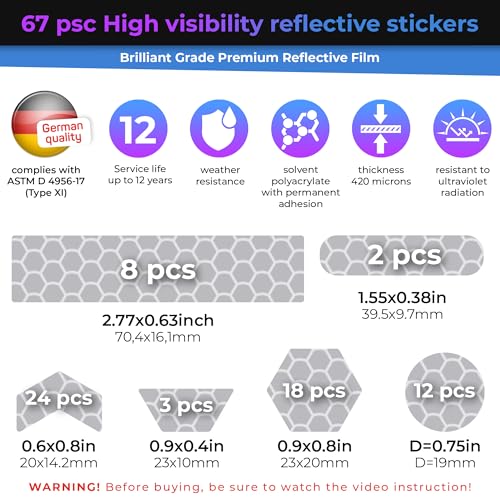Image of LOOM Reflective Stickers | 67pc Brilliant Gry | Reflective Stickers for Helmet, Bike, Motorcycle, Hard Hat | Waterproof Reflectors for Car, Trailer | Bike Reflectors for Night Riding