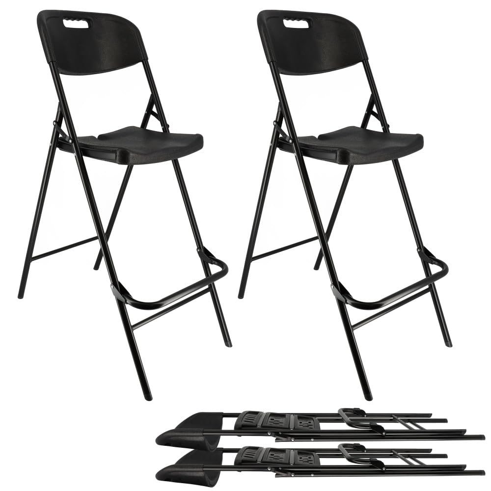 Oxeo Lot de Quatre chaises de Bar Pliantes Noires - Ht 120cm - Chaises Hautes Pliantes - Cadre en Acier - avec Dossier et Repose Pied