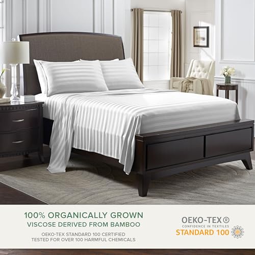 Image of Pure Bamboo Twin Sheets, Genuine 100% Organic Viscose Derived from Bamboo Bed Sheet Set, Luxuriously Soft & Cooling, Double Stitching, 2 Year Quality Promise (Twin, Jacquard White)