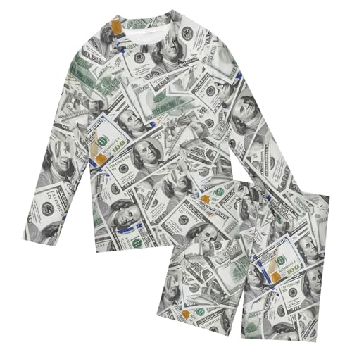 Paper Money Hundred Dollar Bills Baby Boys' Toddler Long Sleeved Rashguard Swim Bathing Suit Set B0405094