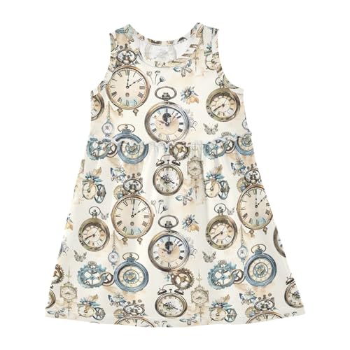 Girls and Toddlers'Sleeveless Watercolor Vintage Clock Prints Summer Casual Dresses for Home Party Beach 2-8 Years