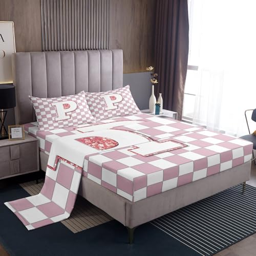 Image of Erosebridal Pink Initial P Bed Sheets Full Kawaii Plaid Checkered Sheet Set Cute Personalized Monogram Bedding Set for Kids Girls Teen Women,Fashion Grids Gingham Fitted Flat Sheets 4 Piece