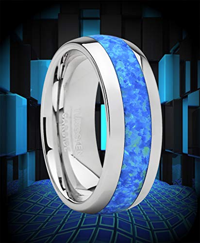 Metal Masters Co. Tungsten Carbide Wedding Band Dome Ring with Blue Green Simulated Opal Inlay 8mm2
