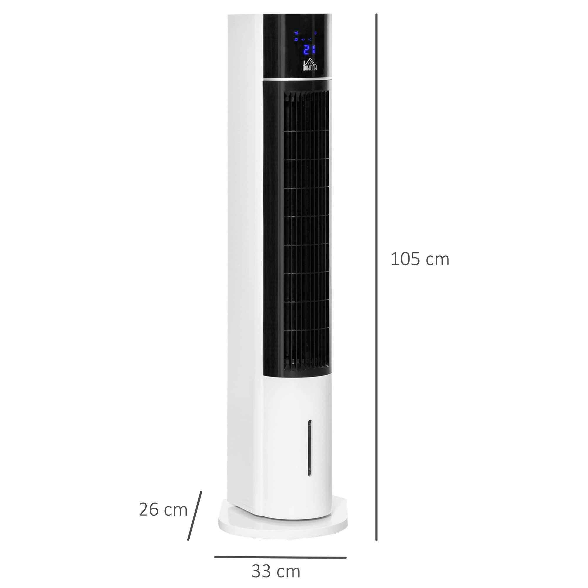 HOMCOM Ventilatore a Torre Raffrescatore Evaporativo 3 Modalità e 3 Velocità, Raffreddatore d'Aria Portatile con Timer, Oscillazione e Telecomando, 60W, Bianco