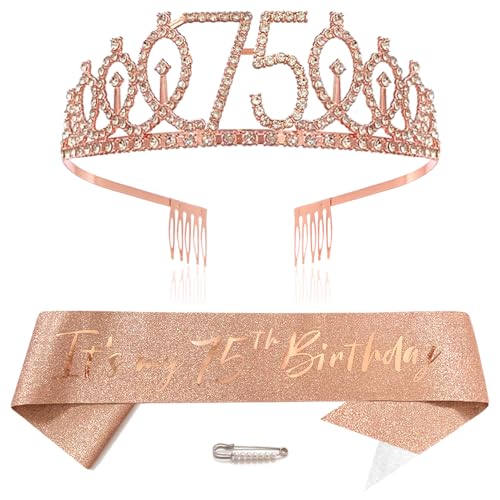 Roségold 75th Geburtstags Krone und Schärpe Mädchen 75. Geburtstag Deko Strass Geburtstag Tiara Prinzessin Krone Queen Tiara Geburtstagsschärpe Girls 75 Geburtstag Dekoration Party Kleidung Zubehör