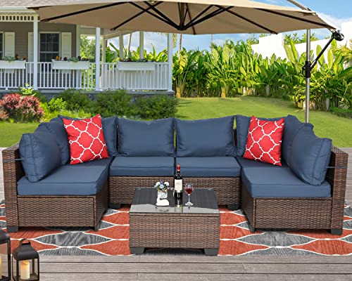 Furnivilla 7 Pieces Outdoor Patio Furniture Set Sectional Pe Wicker Sofa Couch Set Patio Conversation Set With Washable Cushions & Glass Coffee Table For Garden Backyard (Mix Dark Blue) #TOP1