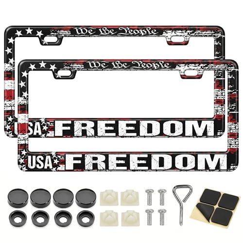 Image of American Flag License Plate Frame 2 Pack Patriotic Plate Holder | Universal Aluminum Car License Plate Cover with Screws for Women Men