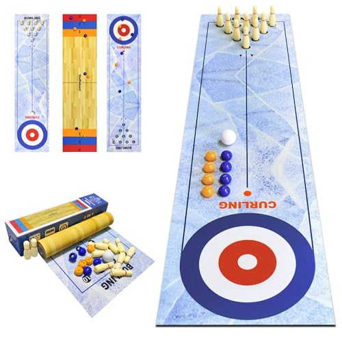 3 in 1 Shuffleboard Curling Bowling Games TableTop Curling Bowling Games Set with 8 Bowling Balls Portable Tabletop Miniature Gaming Suitable for School Home Office Party