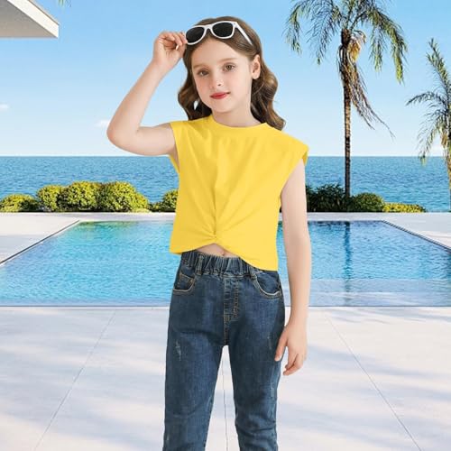 Image of Girls Twist Front Tunic T-Shirt Cute Short Sleeve Tees Summer Blouse for Girls 5-14 Years Yellow