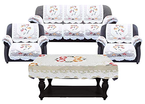 Image of Kuber Industries Flower Design Cotton 5 Seater Sofa Cover with 6 Pieces Arms Cover and 1 Center Table Cover Use Both Side, Living Room, Drawing Room, Bedroom, Guest Room (Set f 17, Cream)
