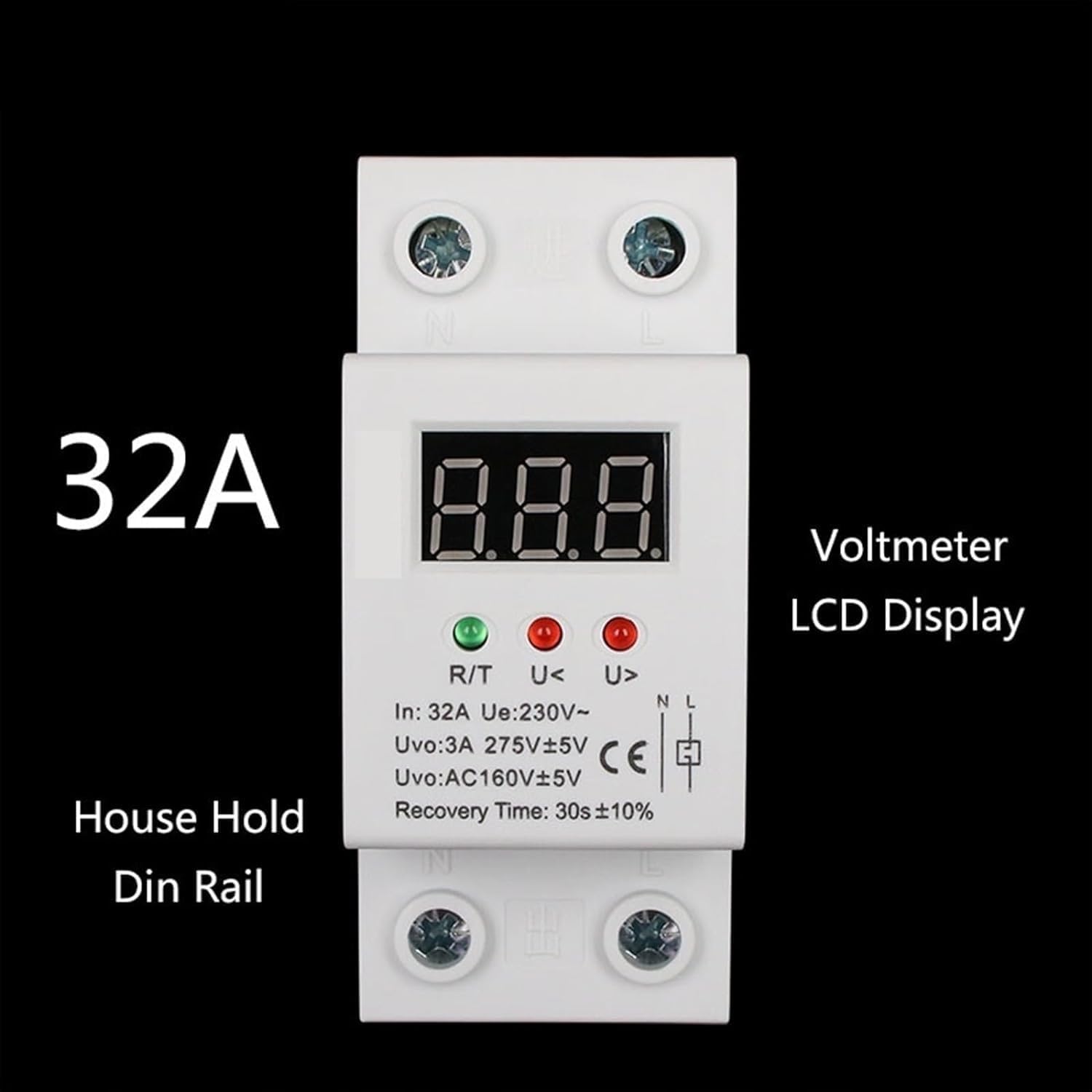 ALKOY Circuit Breaker 32A 220V Self Recovery Automatic Reconnect Under Voltage Protector Lightening Relay LCD Voltmeter Monitor 1Pcs