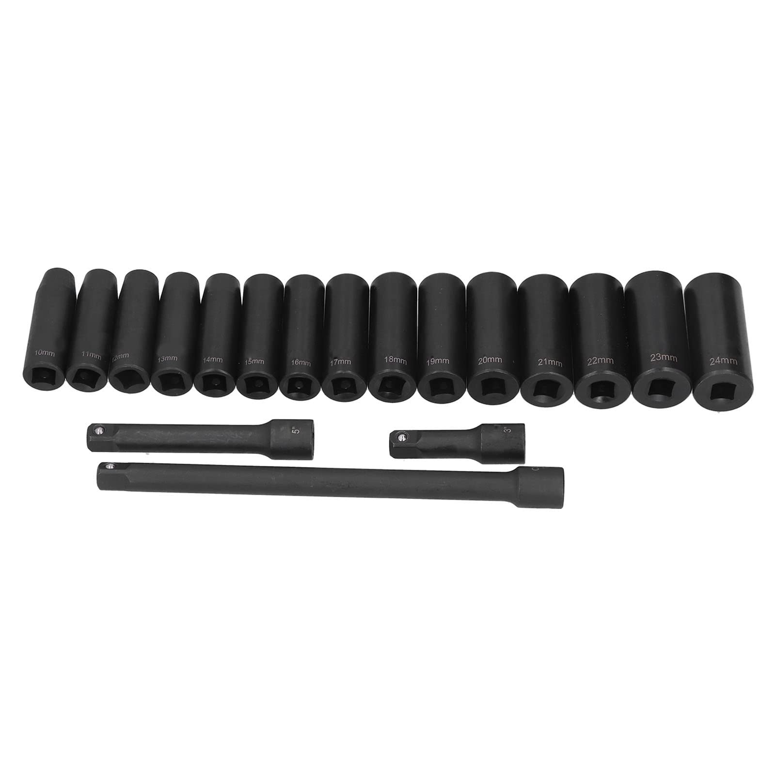Ejoyous Juego de Llaves de Vaso de Impacto Profundo de 1,2 Pulgadas Juego de Llaves de Vaso de Impacto de Acero CR V, 18 Piezas de 10 Mm a 24 Mm, Métrico de 6 Puntos con 3 Extensiones para Mecánica de