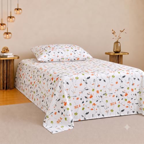 Image of IVAZA 220 TC Soft Ezyption Cotton Floral Single Bed Sheet - Single bedsheet with 1 Pillow Cover Hypoallergenic, Brethable, (Size- 90 x 60 Inch White Orange
