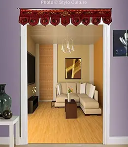 Stylo Culture Cotton Decorative Bandhanwar Toran for Mandir Hand Ari Embroidered Door Hanging Maroon Home Decoration Elephant Peacock Ethnic Bandhanwal - (36 x 10 Inches)