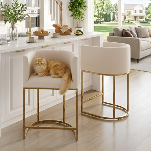Image of HNY Modern Counter Height Linen Cream Fabric Upholstered Counter Stool Set of 2, 24 Inch Kitchen Island Stool with Gold Metal Frame