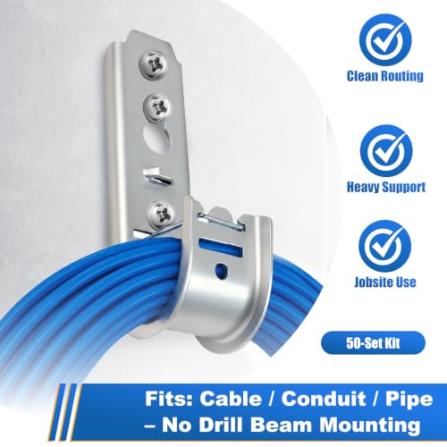 Image of 3 /4 Inch Wall Mount Cable Support J Hooks, 50 Pack with Retainer Clips