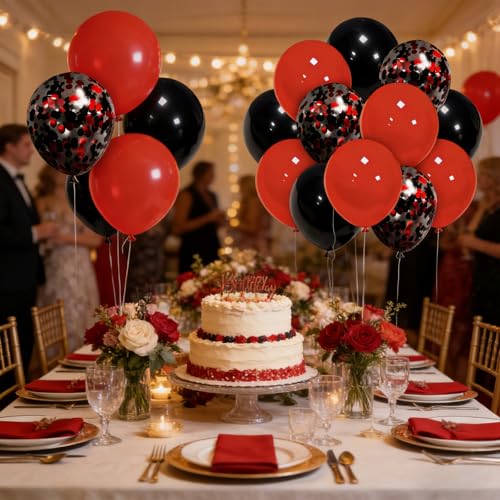 Image of 50 PCS Red & Black Balloons Set, Red Black Confetti Balloons Decorations, 12in Latex Balloons Kit for Birthday, Party, Graduation, Anniversary, Celebration Supplies
