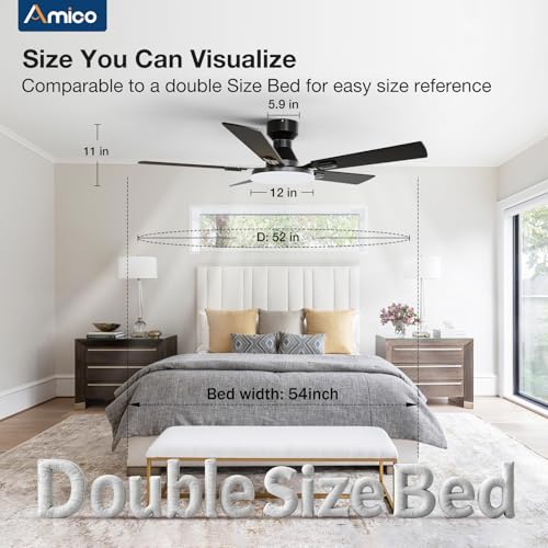 Image of Amico Ceiling Fans with Lights, 52'' Smart RGB Ceiling Fan with Remote /APP /Alexa Control, Flush Mount, Reversible DC Motor, 5 Blades, 6 Speeds, 3CCT, Dimmable, Noiseless, Bedroom, Living Room, Black
