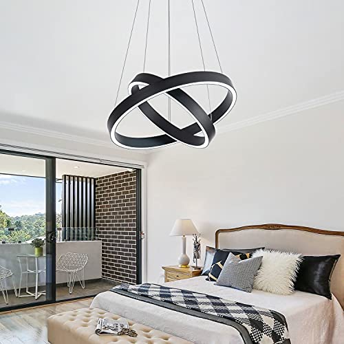 Image of MADEM Modern LED Pendant Light 2-Ring Circular Contemporary Chandelier | Room Decor Flush Mount Pendant Lighting for Living Dining Room Bedroom,6000K Cool White,36W,Black