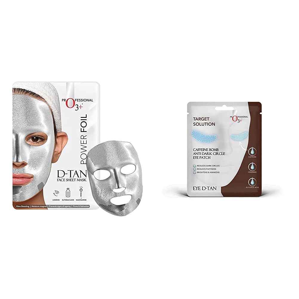 O3+ Power Foil D-Tan Face sheet mask for Skin Brightening Face Mask 20 ml & O3+ Caffeine Bomb Anti Dark Circle Eye Patch & Eye D Tan (single use only) 5G Combo