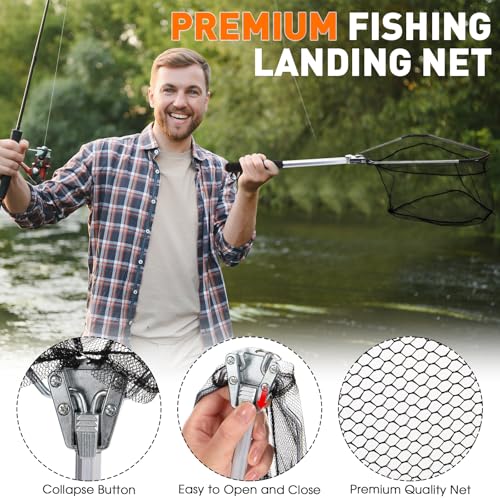 Image of RoundFunny 10 Pcs Fishing Tool Kit, Fishing Pliers with Lanyard and Protective Sheaths, Landing Net, Fillet Knife, Fish Scale, Gripper, Hook Remover, Braid Scissors, Gloves for Men Dad Gift