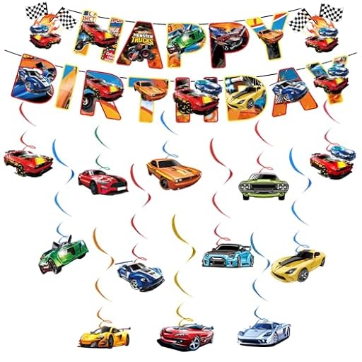 14 remolinos y pancartas para fiesta de coche, paquete de decoraciones temáticas de cumpleaños para ruedas, guirnalda de banderines | Ya disponible en tu tienda friki favorita! En mundofriki.es!